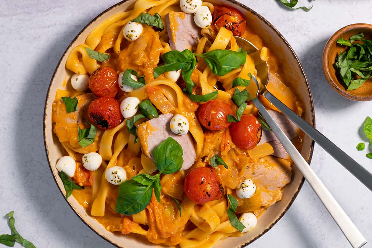 Margherita Pork Pasta with Fresh Cherry Tomato Sauce Basil and