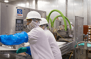 Seaboard Foods employees in protective gear working at a food processing facility